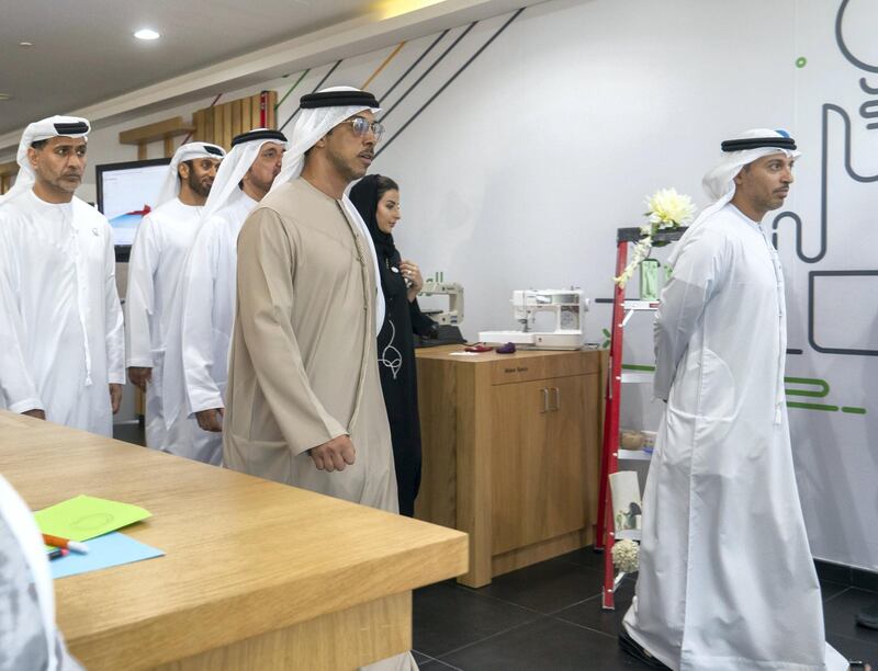 AL AIN, ABU DHABI, UNITED ARAB EMIRATES - February 07, 2019: HH Sheikh Mansour bin Zayed Al Nahyan, UAE Deputy Prime Minister and Minister of Presidential Affairs (2nd R), visits the United Arab Emirates University. Seen with HE Dr Ahmed Abdullah Humaid Belhoul Al Falasi, UAE Minister of State for Higher Education (R).

( Rashed Al Mansoori / Ministry of Presidential Affairs )
---