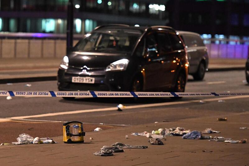 Abandoned cars litter the scene following the terror attacks on London Bridge last month