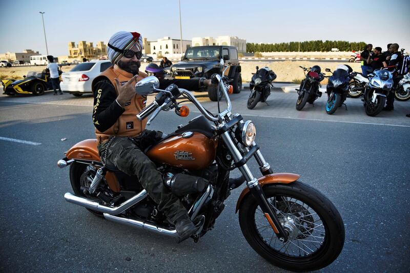 A member of the Sikh Bikers group leaves for the 48th National Rally "Love Zayed" in Sharjah, UAE, Friday, Nov. 29, 2019. Shruti Jain The National