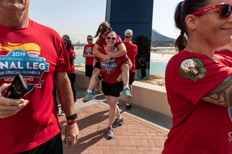 DUBAI, UNITED ARAB EMIRATES. 09 MARCH 2019. The Torch run visits the Burj Al Arab Hotel for a photo opportunity. (Photo: Antonie Robertson/The National) Journalist: Nick Webster. Section: National.