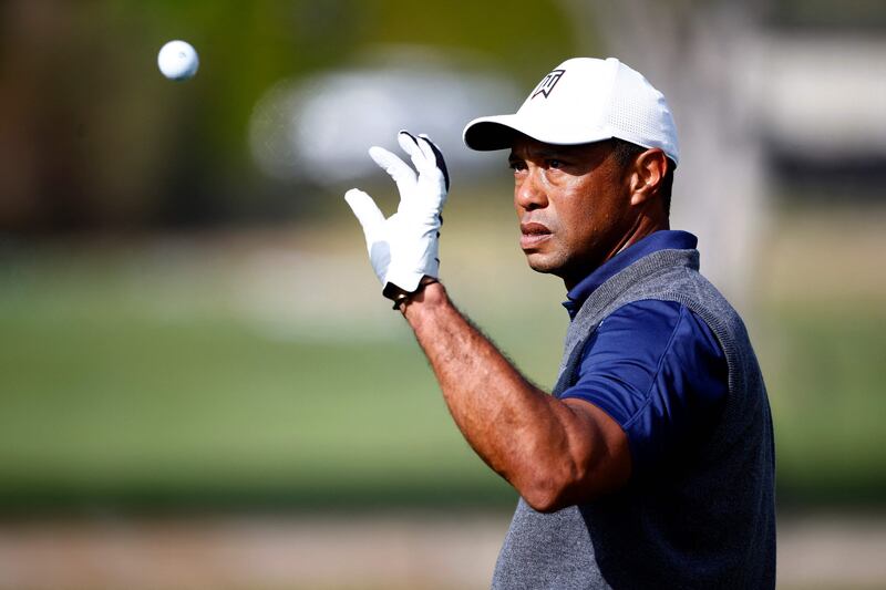 Tiger Woods practices on the range prior to the Genesis Invitational at Riviera Country Club on February 14, 2023 in Pacific Palisades, California. Getty