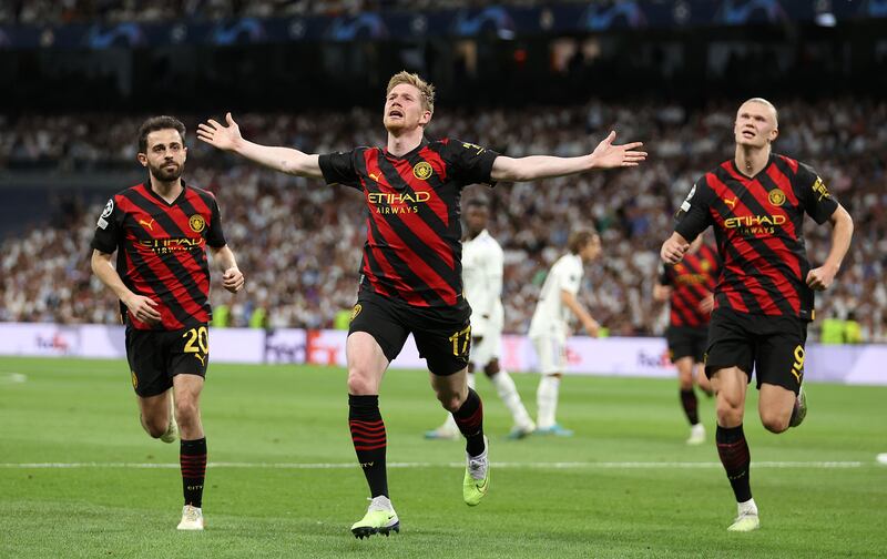 Kevin De Bruyne of Manchester City celebrates after scoring. Getty 