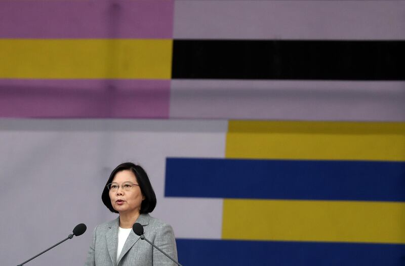 epa07082148 Taiwanese President Tsai Ing-wen speaks during the Taiwan National Day celebrations in Taipei, Taiwan, 10 October 2018. National Day in Taiwan commemorates the start of the Wuchang Uprising, which took place on 10 October 1911. The uprising led to the collapse of the Qing Dynasty and imperial rule in China, as well as the establishment of the government of the Republic of China, which governed mainland China until the end of the Chinese Civil War in 1949.  EPA/RITCHIE B. TONGO