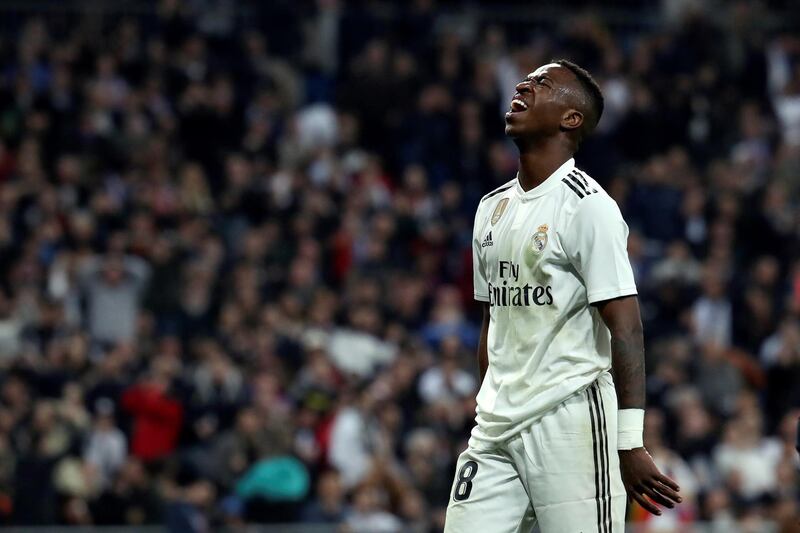 epa07402579 Real Madrid's Vinicius Jr reacts after spurning a chance. EPA