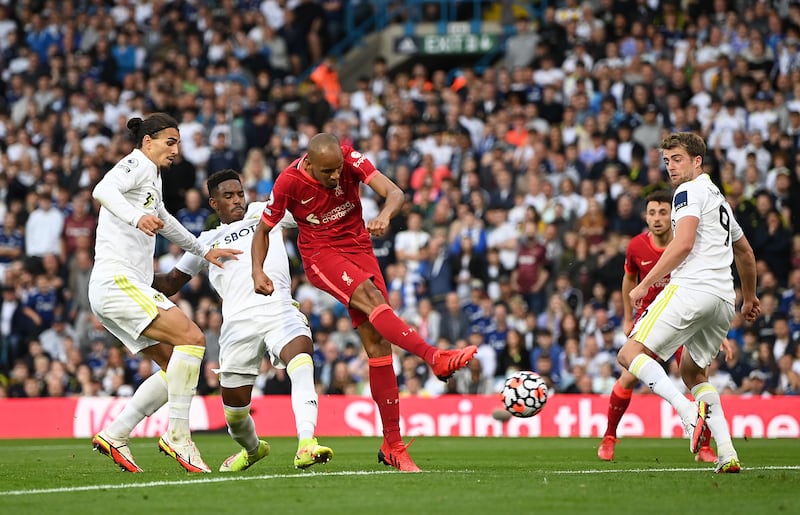Liverpool midfielder Fabinho scores their second goal. Getty