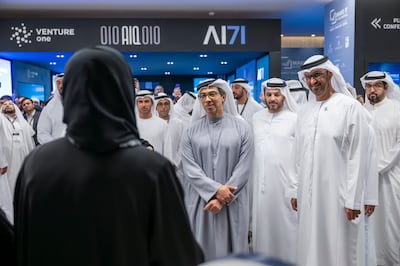 Sheikh Mansour bin Zayed, Vice President, Deputy Prime Minister and Chairman of the Presidential Court, tours the Make it in the Emirates forum in Abu Dhabi. He is seen with Dr Sultan Al Jaber, Minister of Industry and Advanced Technology. Photo: Presidential Court