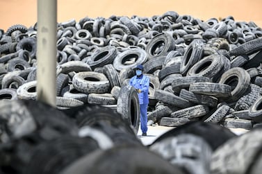 Abu Dhabi, United Arab Emirates - Used tires are collected by TADWEER waste collection contractors and delivered to Gulf Rubber factory in Al Ain. Khushnum Bhandari for The National