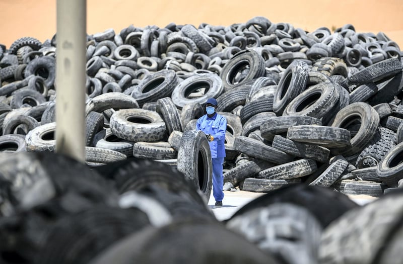 Abu Dhabi, United Arab Emirates -  Used tires are collected by TADWEER waste collection contractors and delivered to Gulf Rubber factory in Al Ain. Khushnum Bhandari for The National