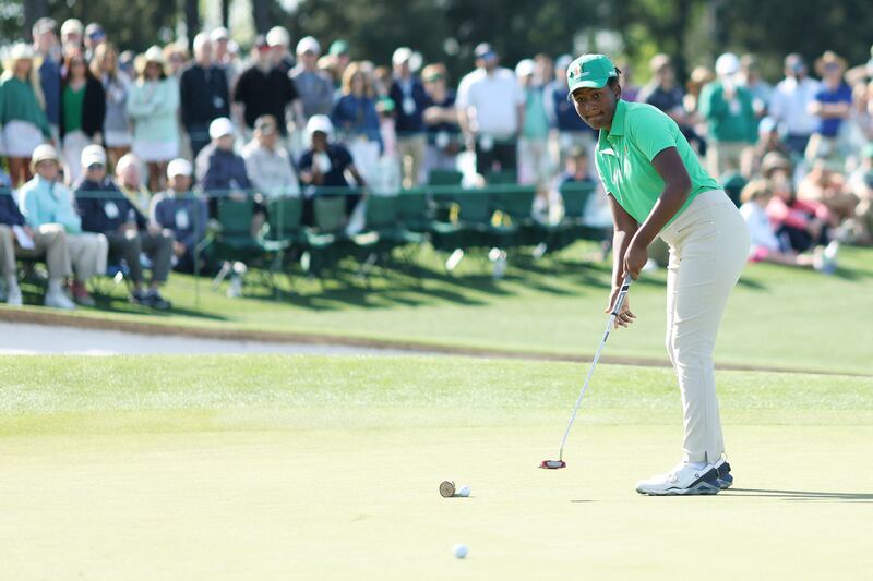 Maya Gaudin putts during the Drive, Chip and Putt Championship at Augusta National Golf Club. Getty