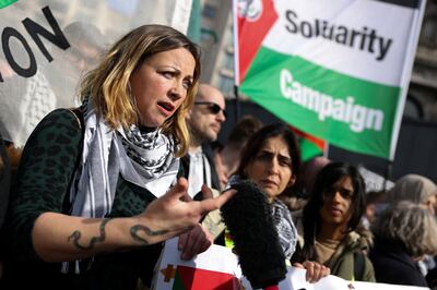 Welsh singer Charlotte Church was at the front of the pro-Palestinian protest in London on Saturday, where tens of thousands called for a ceasefire in Gaza. Reuters