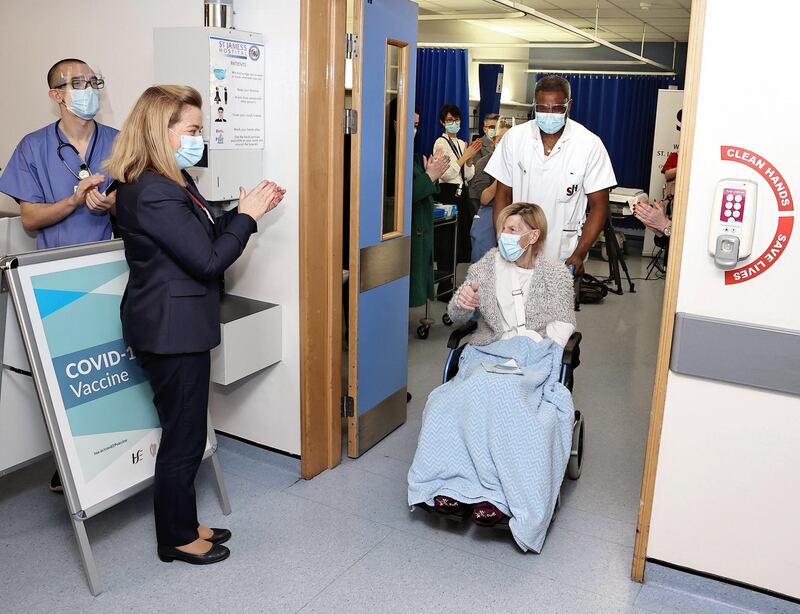 79 year old Annie Lynch from Dublin pictured after being the first person to receive the Pfizer BioNTech Covid-19 vaccine in Ireland, on 29 December 2020. EPA