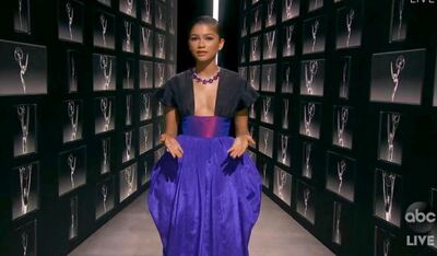 In this video grab captured on Sept. 20, 2020, courtesy of the Academy of Television Arts & Sciences and ABC Entertainment, Zendaya speaks during the 72nd Emmy Awards broadcast. (The Television Academy and ABC Entertainment via AP)