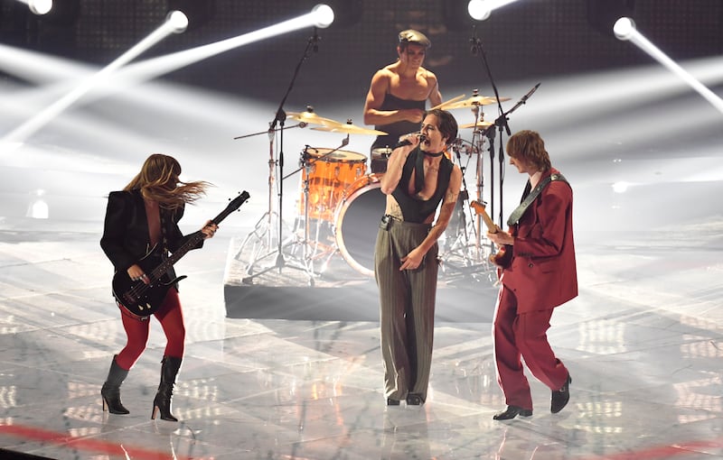 From left, Victoria De Angelis, Ethan Torchio, Damiano David and Thomas Raggi of Italy's 2021 Eurovision winners Maneskin perform. Getty Images