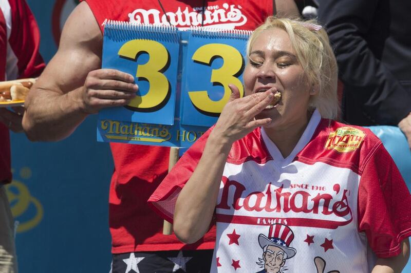 Miki Sudo competes in Nathan’s Famous Fourth of July International Hot Dog Eating Contest woman’s competition. Sudo came in first eating 38.5 hot dogs and buns in 10 minutes. Mary Altaffer / AP Photo