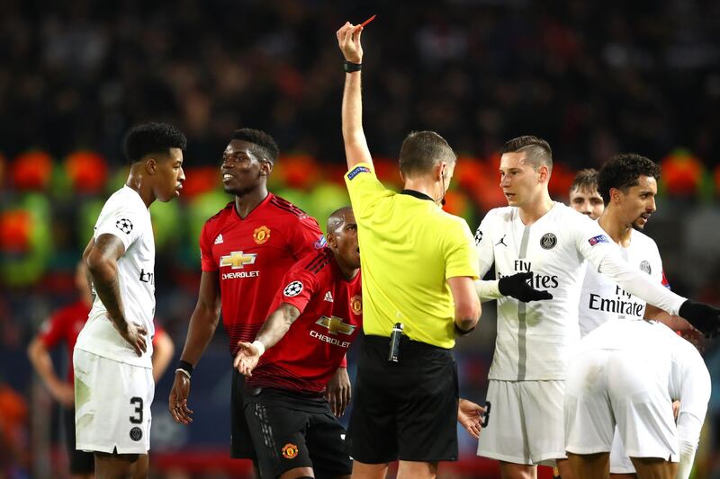 Manchester United's Paul Pogba is shown a red card. Getty Images