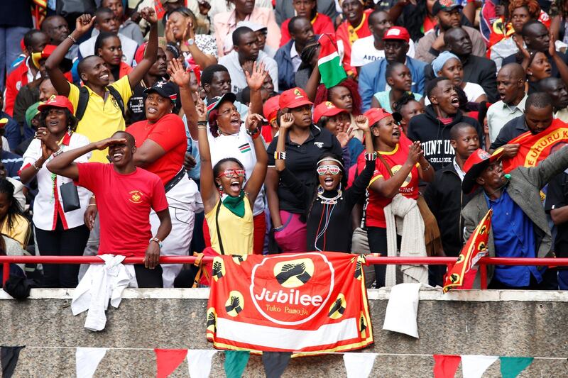 People cheer as they wait for the inauguration ceremony to swear in Kenya's president Uhuru Kenyatta at Kasarani Stadium in Nairobi, Kenya on November 28, 2017. Baz Ratner / Reuters