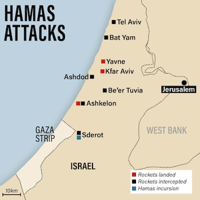 A map shows the sites of Hamas rocket attacks against Israel. The National