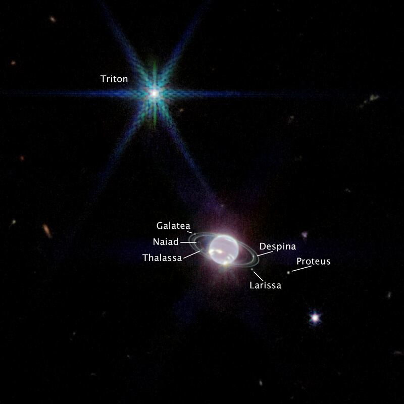Neptune and seven of its 14 known satellites. Triton moon, the bright spot of light in the upper left, outshines the planet whose atmosphere is darkened by methane absorption wavelengths.