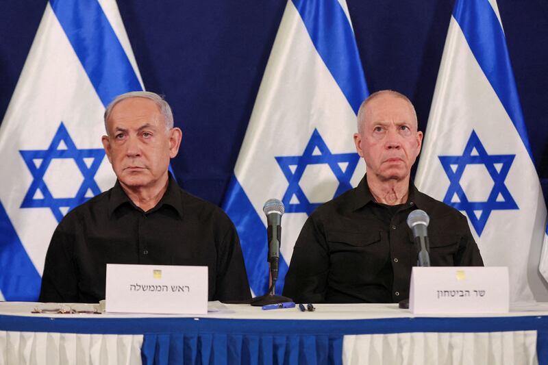 Israeli Prime Minister Benjamin Netanyahu and Defence Minister Yoav Gallant during a news conference in Tel Aviv last month. Reuters