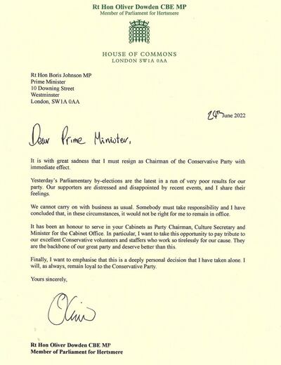The letter sent by Oliver Dowden to Boris Johnson following his resignation. PA