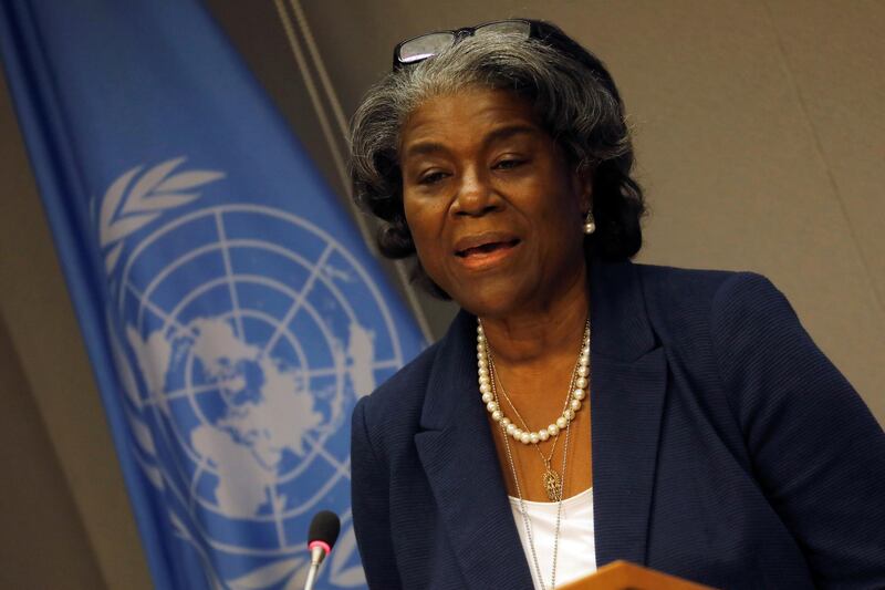 FILE PHOTO: New U.S. Ambassador to the United Nations, Linda Thomas-Greenfield holds a news conference to mark the start of the U.S. presidency of the U.N. Security Council for March, at U.N. headquarters in New York, U.S., March 1, 2021. REUTERS/Mike Segar/File Photo