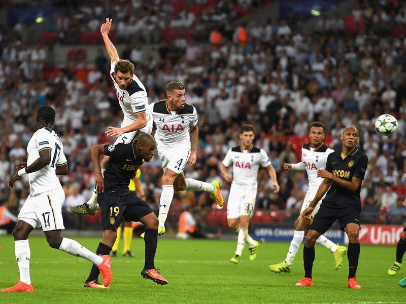 Tottenham defender Toby Alderweireld jumps heads to score for Tottenham’s goal against Monaco. Monaco won the match 2-1. Shaun Botterill / Getty Images