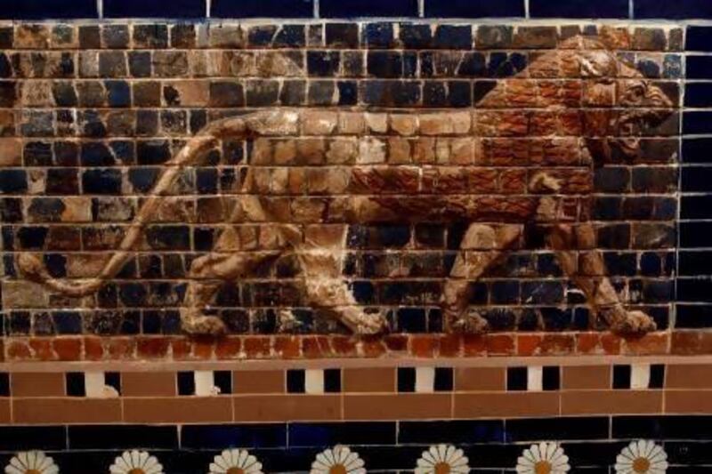 A panel composed of glazed nicks showing a lion, symbolising Ishtar, the goddess of love and war, from the Ishtar gate, Babylon dating to Nabuchadnessar (650-562.B.C.) is displayed at the Iraqi National Museum in Baghdad.