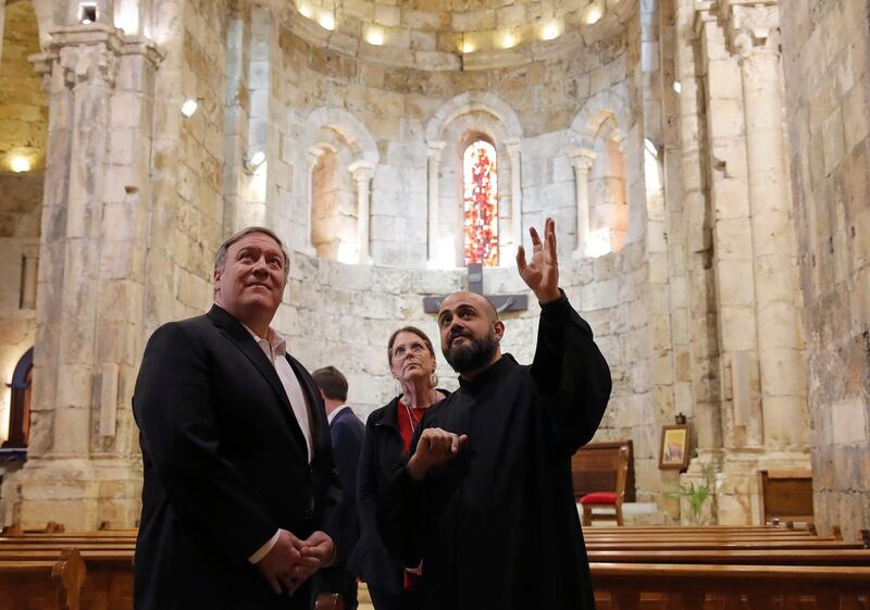 US Secretary of State Mike Pompeo and his wife Susan visit a church at Byblos, Lebanon. AP