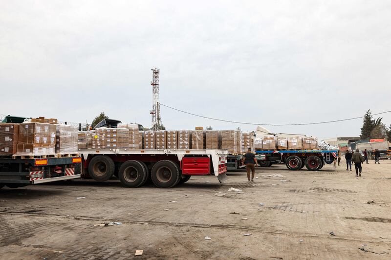 Lorries carrying aid for Gaza arrive at Israel's Kerem Shalom border crossing. AFP