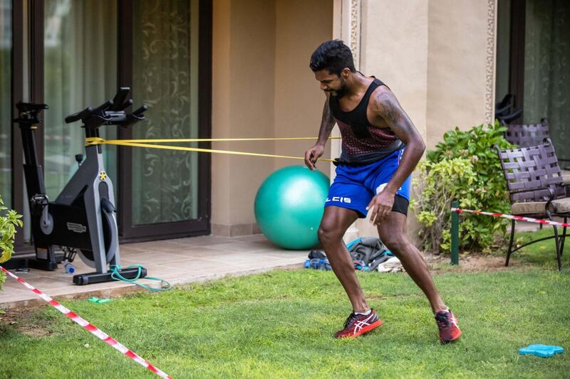 Rajasthan Royals bowler Varun Aaron works out at his team hotel in Dubai ahead of IPL 2020. Courtesy Rajasthan Royals twitter / @rajasthanroyals