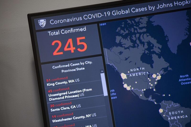 The outbreak map dashboard showing statistics on the number of confirmed COVID-19 cases in the United States during a briefing from Johns Hopkins University on Capitol Hill in Washington, DC. AFP