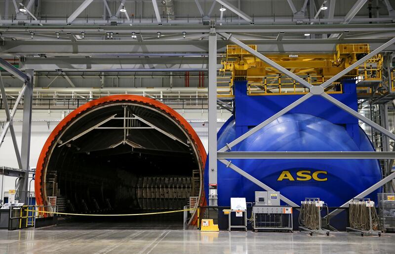 An autoclave is seen at the Boeing Composite Wing Centre.