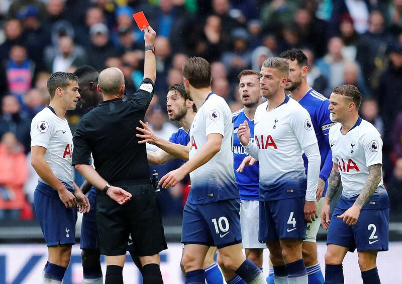 Soccer Football - Premier League - Tottenham Hotspur v Cardiff City - Wembley Stadium, London, Britain - October 6, 2018   Cardiff City's Joe Ralls is shown a red card by referee Mike Dean   REUTERS/Eddie Keogh    EDITORIAL USE ONLY. No use with unauthorized audio, video, data, fixture lists, club/league logos or "live" services. Online in-match use limited to 75 images, no video emulation. No use in betting, games or single club/league/player publications.  Please contact your account representative for further details.