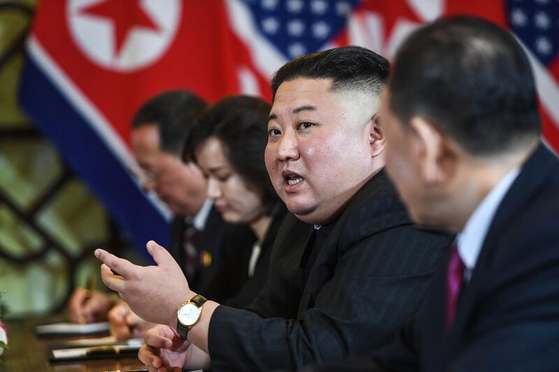Kim Jong Un speaks during the meeting. AFP