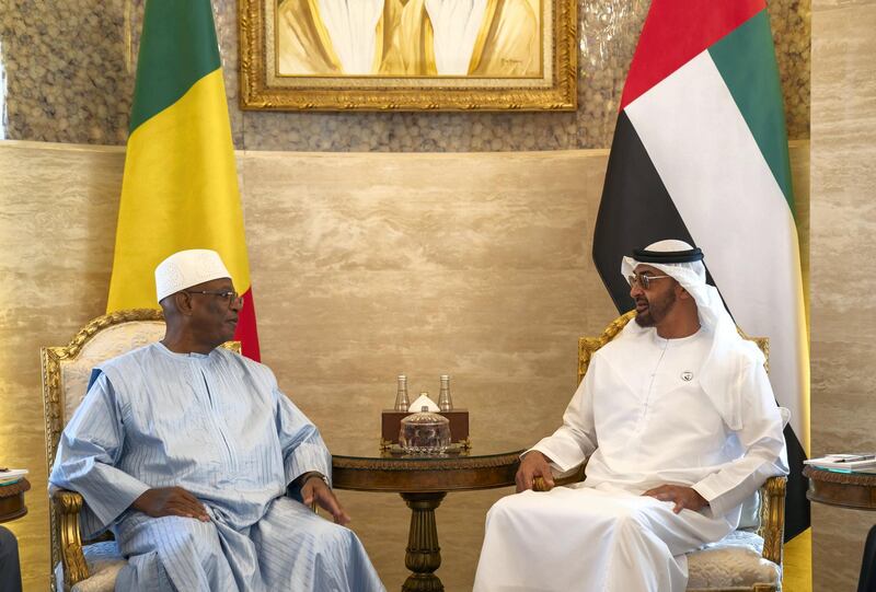 ABU DHABI, UNITED ARAB EMIRATES - January 12, 2019: HH Sheikh Mohamed bin Zayed Al Nahyan, Crown Prince of Abu Dhabi and Deputy Supreme Commander of the UAE Armed Forces (R), receives HE Ibrahim Boubacar Keita, President of Mali (L), at the Sea Palace.

( Mohamed Al Hammadi / Ministry of Presidential Affairs )
---