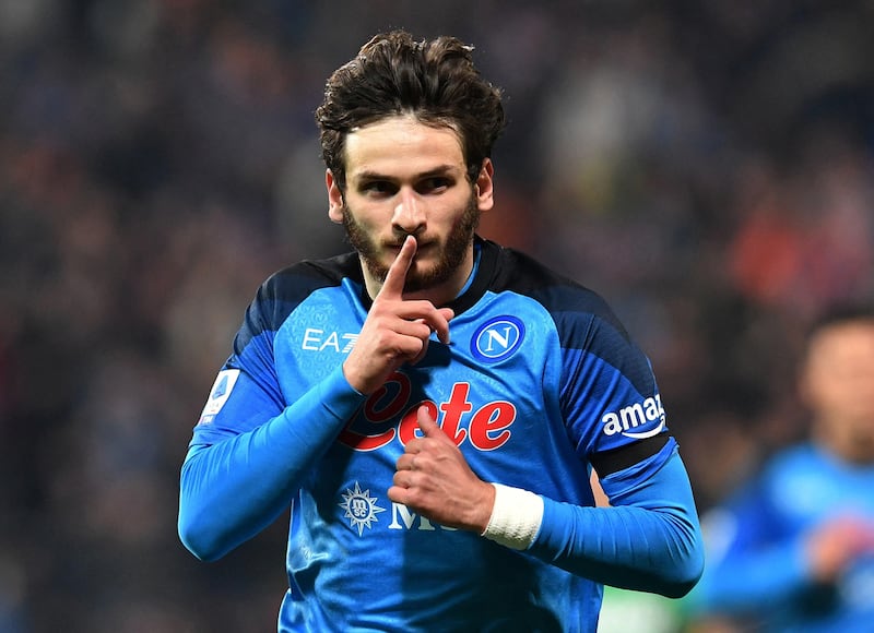 Napoli's Khvicha Kvaratskhelia celebrates scoring the first goal against Sassuolo at the Mapei Stadium on Friday, February 17, 2023. Reuters