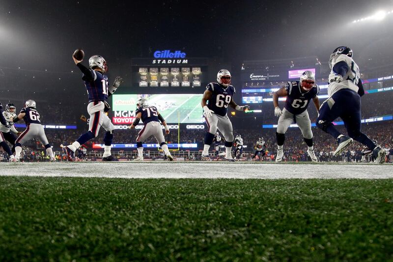 New England Patriots quarterback Tom Brady about to pass the ball during his team's NFL wildcard defeat to the Tennessee Titan at Gillette Stadium. USA TODAY Sports