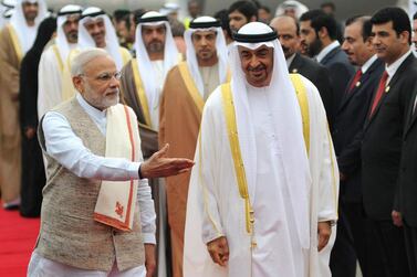 Indian prime minister Narendra Modi welcomes Sheikh Mohammed bin Zayed, the Crown Prince of Abu Dhabi and Deputy Supreme Commander of the Armed Forces, upon his arrival in New Delhi. EPA