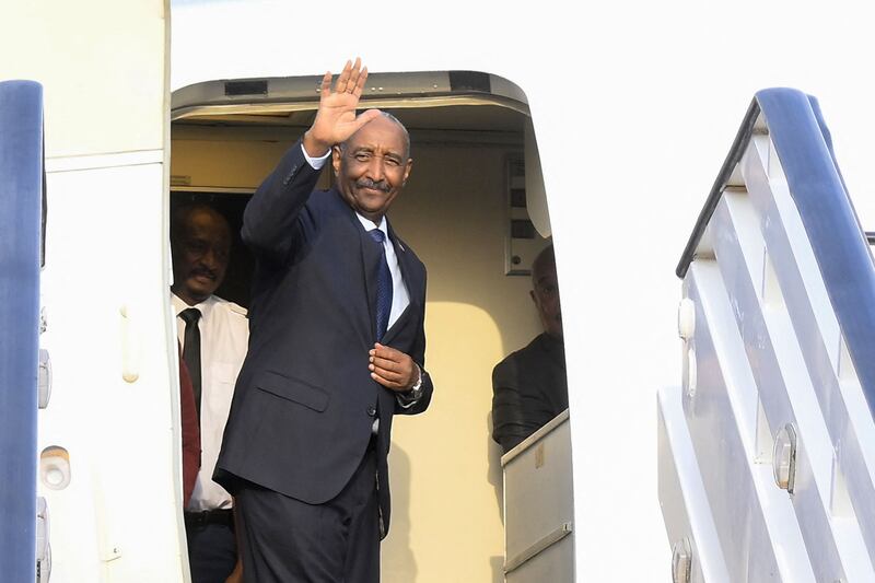 Sudanese army chief Gen Abdel Fattah Al Burhan boards a plane in Port Sudan for his visit to South Sudan. AFP
