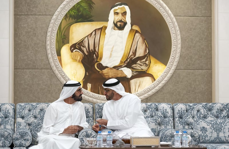 ABU DHABI, UNITED ARAB EMIRATES - November 21, 2019: HH Sheikh Mohamed bin Rashid Al Maktoum, Vice-President, Prime Minister of the UAE, Ruler of Dubai and Minister of Defence (L), offers condolences to HH Sheikh Mohamed bin Zayed Al Nahyan, Crown Prince of Abu Dhabi and Deputy Supreme Commander of the UAE Armed Forces (R) on the passing of the late HH Sheikh Sultan bin Zayed Al Nahyan, at Al Mushrif Palace.

( Rashed Al Mansoori / Ministry of Presidential Affairs )
---
