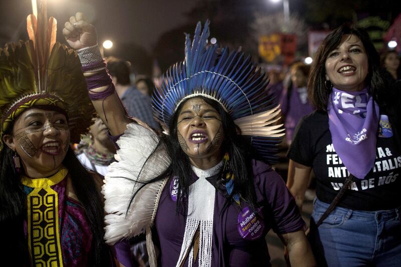 SAO PAULO, BRAZIL - SEPTEMBER 29: Sonia Guajajara, an indigenous candidate for vice president by the PSOL party, participates in a protest against the far-rights presidential candidate on September 29, 2018 in Sao Paulo, Brazil. The protests occurred simultaneously in several Brazilian cities, against Jair Bolsonaro, the far rights presidential candidate. Protests included an internet campaign (#elenão and #himnot) which was joined by many women from various countries. Corinthians fans, Brazil's biggest soccer team, and other social groups also joined. (Photo by Victor Moriyama/Getty Images)