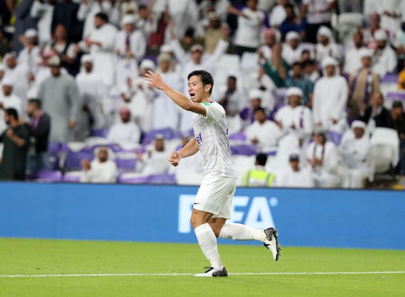 Al Ain, United Arab Emirates - December 12, 2018: Tsukasa Shiotani of Al Ain scores during the game between Al Ain and Team Wellington in the Fifa Club World Cup. Wednesday the 12th of December 2018 at the Hazza Bin Zayed Stadium, Al Ain. Chris Whiteoak / The National