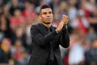 MANCHESTER, ENGLAND - AUGUST 22: New signing, Casemiro of Manchester United applauds the fans prior to the Premier League match between Manchester United and Liverpool FC at Old Trafford on August 22, 2022 in Manchester, England. (Photo by Michael Regan / Getty Images)