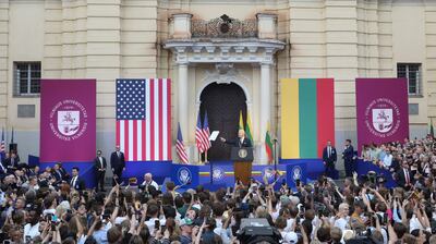 US President Joe Biden delivers a speech on Nato and Ukraine at Vilnius University, Lithuania. AFP