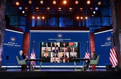 TOPSHOT - US President-elect Joe Biden(L) and US Vice President-elect Kamala Harris speak virtually with the Covid-19 Advisory Council during a briefing at The Queen theatre on November 9, 2020 in Wilmington, Delaware. / AFP / Angela Weiss
