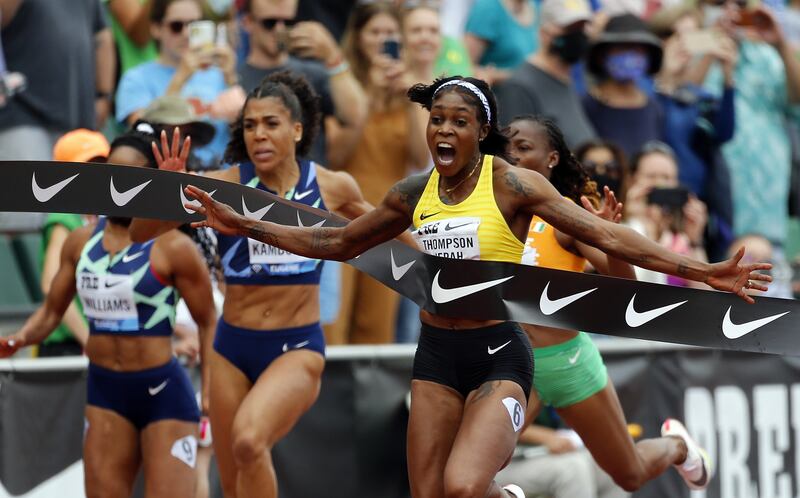 Elaine Thompson-Herah of Jamaica celebrates winning the 100m race during the Diamond League Classic in Eugene, Oregon. AFP