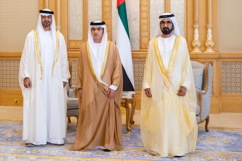 Sheikh Mohammed bin Rashid, Vice President, Prime Minister and Ruler of Dubai, and Sheikh Mohamed bin Zayed, Crown Prince of Abu Dhabi and Deputy Supreme Commander of the Armed Forces, with Hamad Al Shamsi, Minister of State.