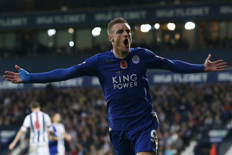WEST BROMWICH, ENGLAND - OCTOBER 31:  Jamie Vardy of Leicester City celebrates scoring his team's third goal during the Barclays Premier League match between West Bromwich Albion and Leicester City at The Hawthorns on October 31, 2015 in West Bromwich, England.  (Photo by Clint Hughes/Getty Images)