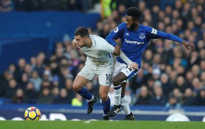 Soccer Football - Premier League - Everton vs Chelsea - Goodison Park, Liverpool, Britain - December 23, 2017   Chelsea's Eden Hazard in action with Everton's Beni Baningime            REUTERS/Phil Noble    EDITORIAL USE ONLY. No use with unauthorized audio, video, data, fixture lists, club/league logos or "live" services. Online in-match use limited to 75 images, no video emulation. No use in betting, games or single club/league/player publications.  Please contact your account representative for further details.