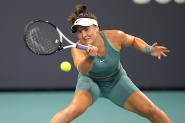 Bianca Andreescu, of Canada, returns a volley against Ekaterina Alexandrova, of Russia, in the first set of a match at the Miami Open tennis tournament, Monday, March 27, 2023, in Miami Gardens, Fla.  (AP Photo / Jim Rassol)